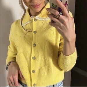Zara Yellow Cardigan with Pearl Accents